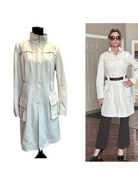 Elie Tahari ivory white hooded long sleeve midi trenchcoat